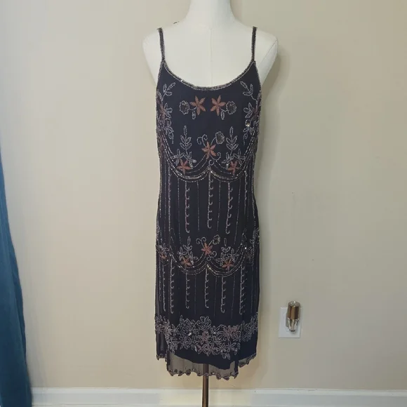 Vintage Papell Boutique Beaded Silk Slip Dress Brown 1920s Gatsby Evening Size 8 - Picture 1 of 10